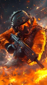 Armored assault soldier charging through blazing battlefield.