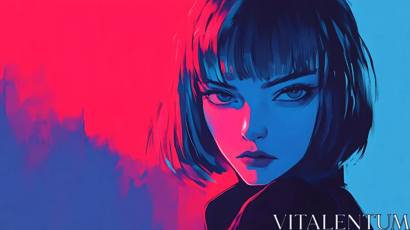 Neon-drenched gaze slices the twilight between red and blue