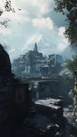 Snowbound fortress dominates misty alpine valley skyline.