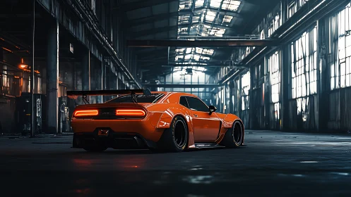 Orange widebody muscle car glows in an abandoned factory.
