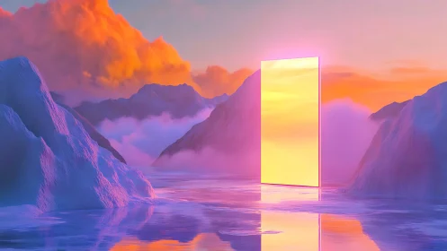 Luminous monolith portal contrasts glacial terrain under saturated sky