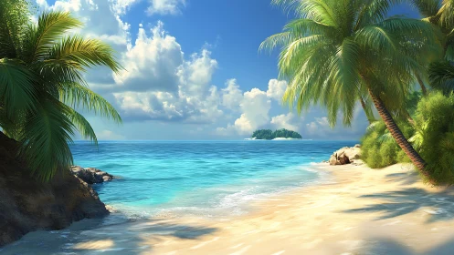 Tropical Beach Paradise with Distant Island