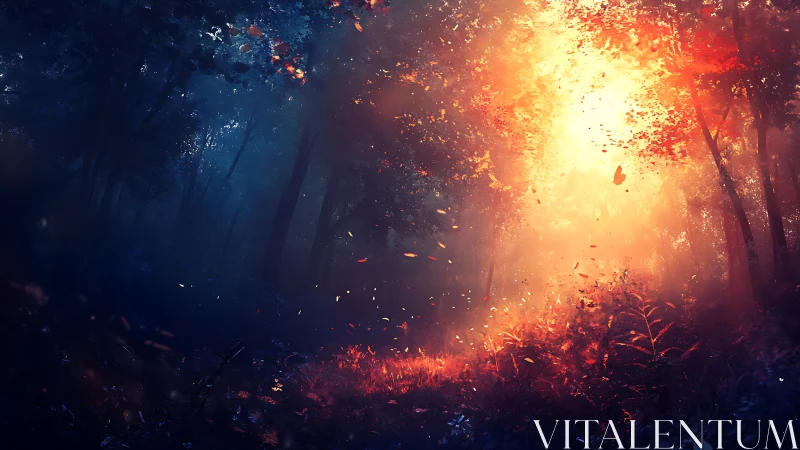 Enchanted Forest Dawn: Golden Light Breaking Through Blue Darkness.