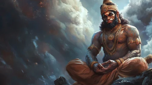 Hanuman figure seated amid dense cloud-filled sky backdrop.