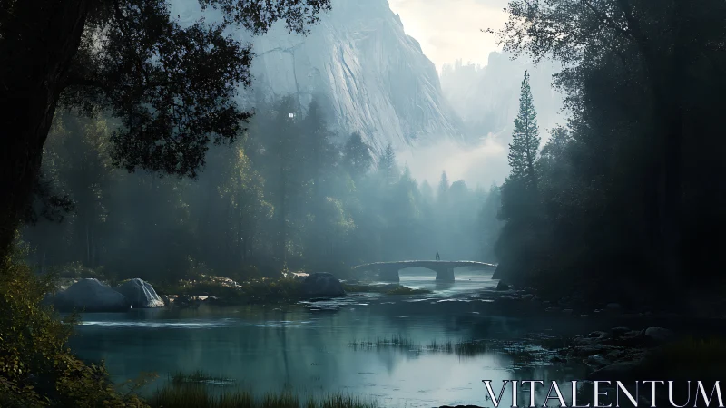 Mist-draped valley cradles a lone wanderer on stone bridge