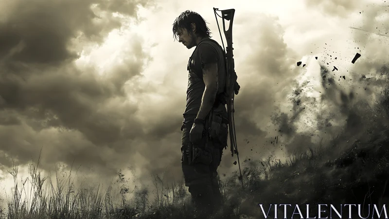 Solitary warrior stands under storm-laden battle sky.