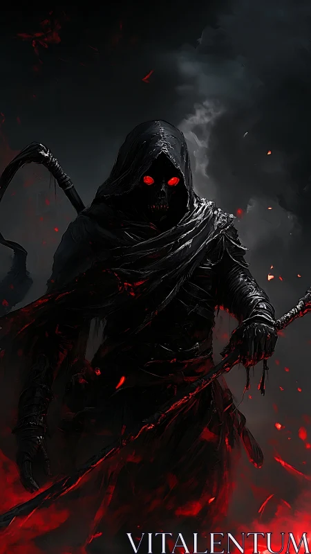 Hooded skeletal reaper holding scythe in dark red glow.
