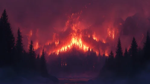 Catastrophic Wildfire Consuming Mountain Forest at Night