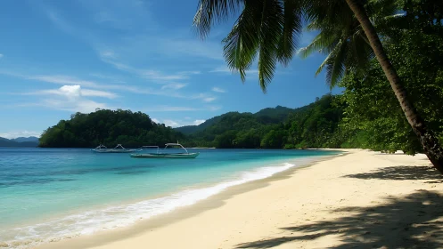 Tropical Coastline: Pristine Beach with Moored Vessels and Lush Vegetation.