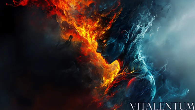 Elemental figure merges blazing fire and cold smoke