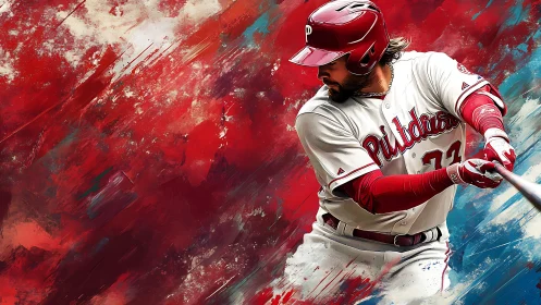 Digital baseball slugger portrait with abstract red motion.