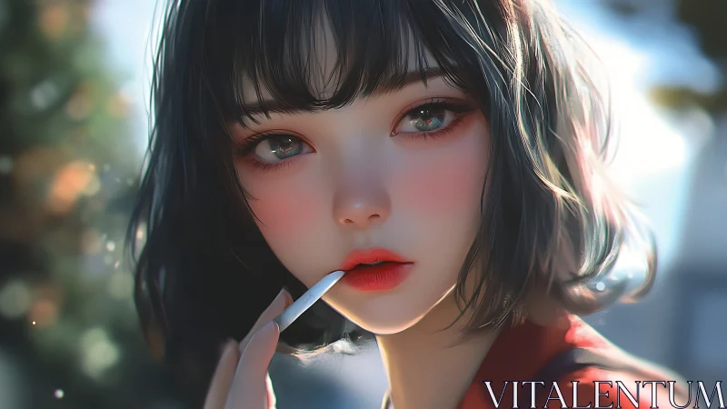 Soft-lit anime portrait with luminous eyes and lipstick