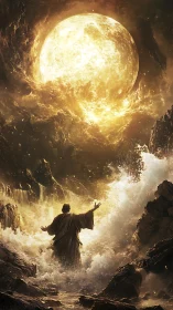 Sunlit tide of miracles rising around a lone wanderer.