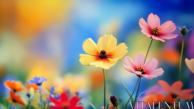 Colorful wildflowers against soft abstract bokeh background.