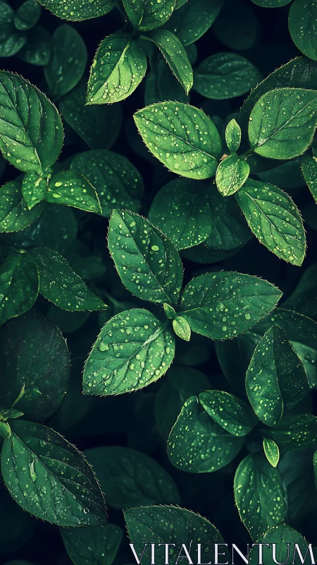 Rain-dappled green leaves form dense layered foliage plane