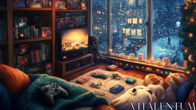 Cozy gaming room overlooks snowy city through large window