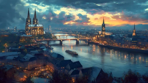 Digital painting of illuminated cathedral river cityscape at dusk.