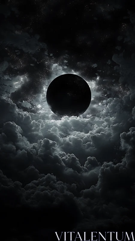 Celestial eclipse sphere emerging from storm-lit nebular clouds.