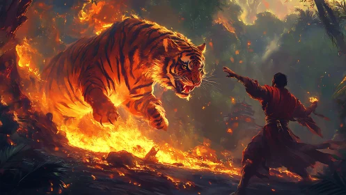 Fiery warrior confronts roaring tiger in a blazing jungle