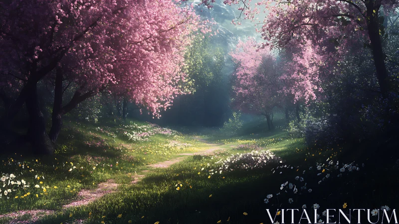 Atmospheric cherry blossom forest with volumetric light penetration and layered foliage rendering.
