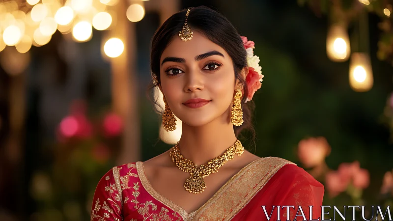 Elegant woman in red saree with gold jewelry outdoors.
