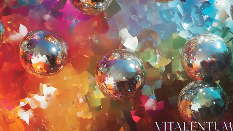 Iridescent chrome spheres over prismatic bokeh field.