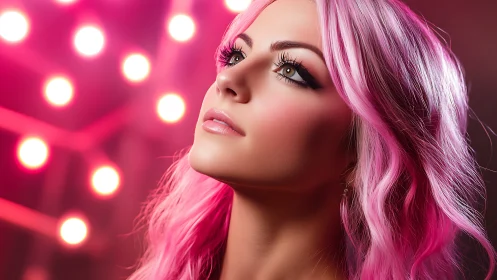 Profile portrait shows pink haired woman under neon lights