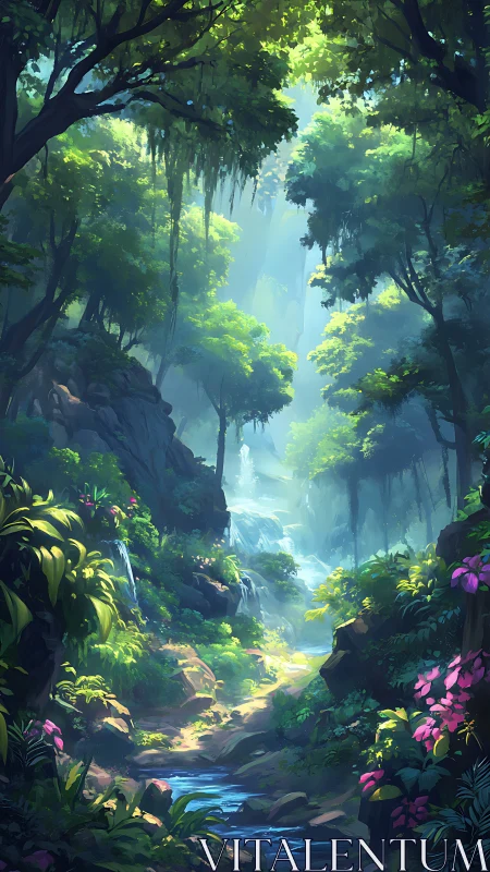 Luminescent Forest Canyon with Cascading Waters and Verdant Ecological Stratification.