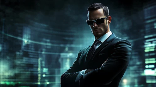 Midnight cyber guardian in a sleek digital cityscape.