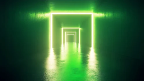 Luminous green portal tunnel with recursive neon frames.