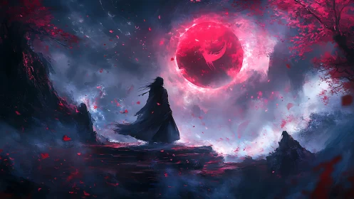 Lone wanderer beneath the crimson eclipse sky of wonder.