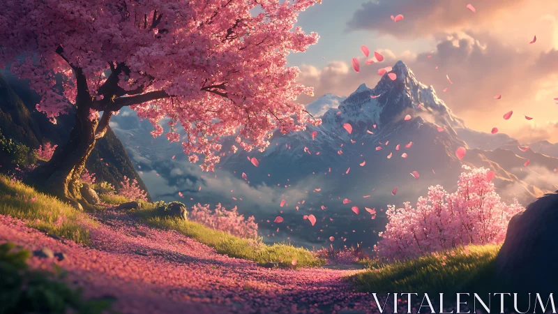 Blossoming cherry path opens toward distant snowy mountains.