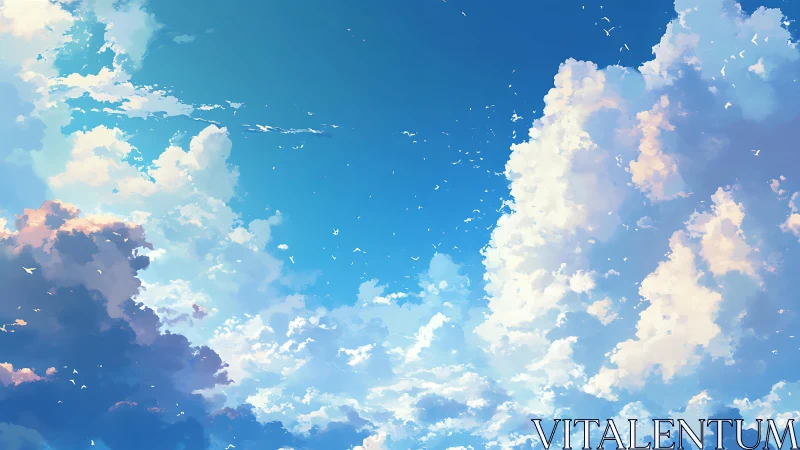 Digital painting of luminous summer cumulonimbus clouds.