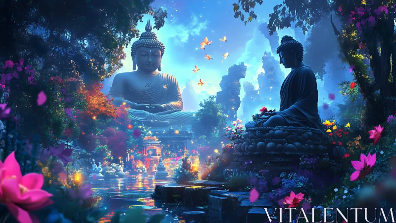 Luminous Buddhist garden with dual Buddha statues at dusk