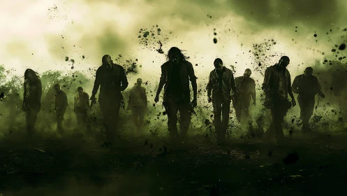 Silhouetted figures advance through particulate filled green mist.