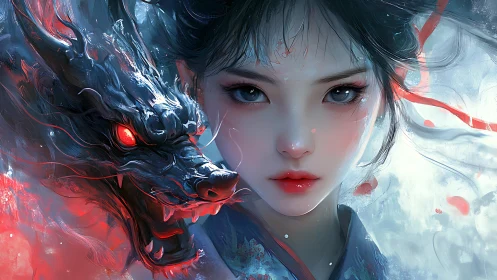 Fiery spirit dragon guarding a calm, determined heroine.