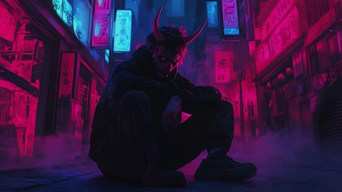 Demonic street figure crouches amid neon-lit cyberpunk alley