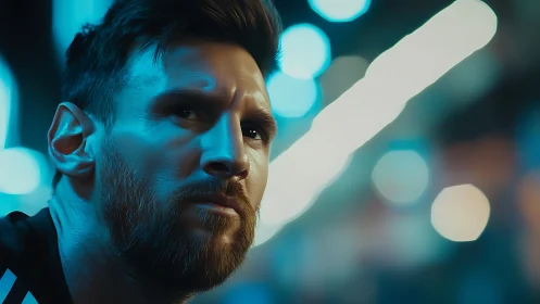 Cinematic male portrait under teal and orange bokeh lighting
