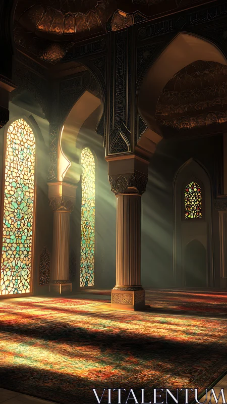 Sunlit Islamic hall with stained glass arches and carved columns