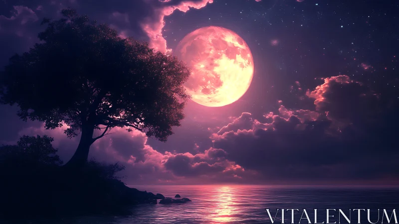 Luminous pink supermoon over tranquil reflective seascape.