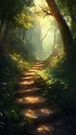Forest Pathway with Golden Luminescence Through Dense Canopy.