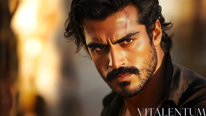 Close portrait shows man with facial scar under warm lighting