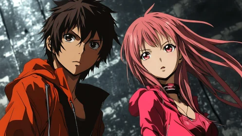 Dual-anime protagonists in wind-swept urban tension field.