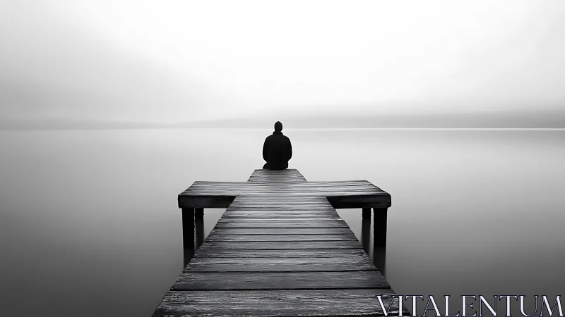 Monochrome vanishing pier with solitary seated silhouette figure.