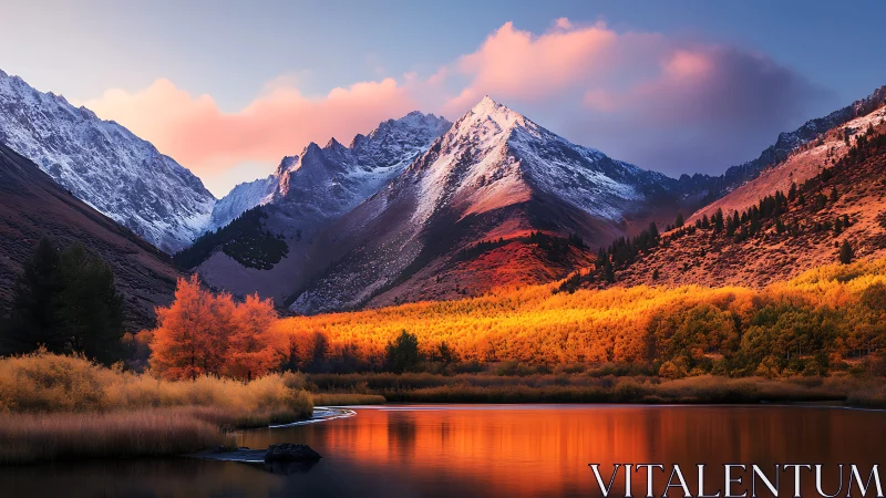 Sunlit alpine peaks rise above a fiery autumn lakeshore