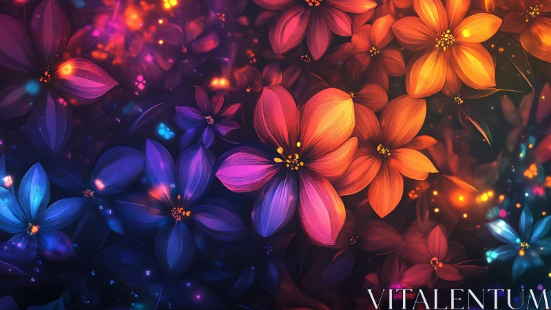 Digital flowers with luminescent properties in blue, orange, magenta spectrum