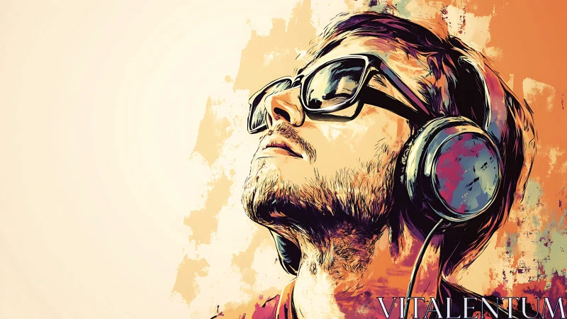 Man with headphones and sunglasses rendered in bold colors