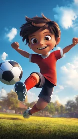 Dynamic 3D render of stylized boy kicking soccer ball mid-strike