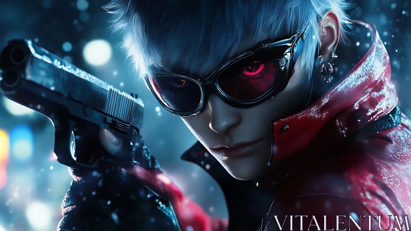 Neon-eyed cyber shooter poised in luminous snowfall.