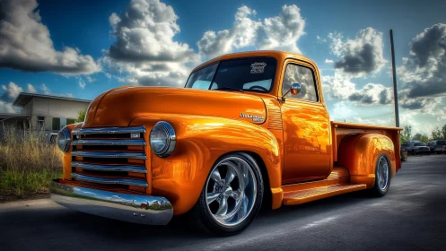 Custom orange classic pickup truck stands parked under clouds